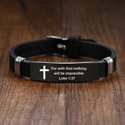 Black stainless steel cross Bible verse bracelet | Christian jewelry by Lunavrie