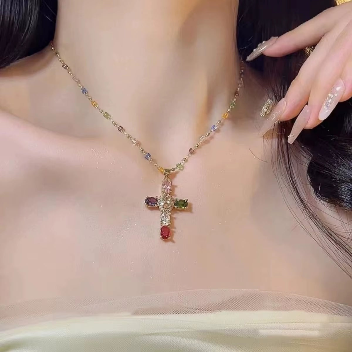 Rhinestone Cross Choker Necklace