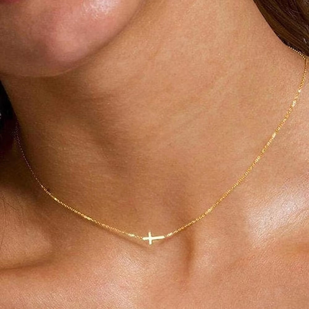 Dainty sideways cross necklace in gold or silver – view 2