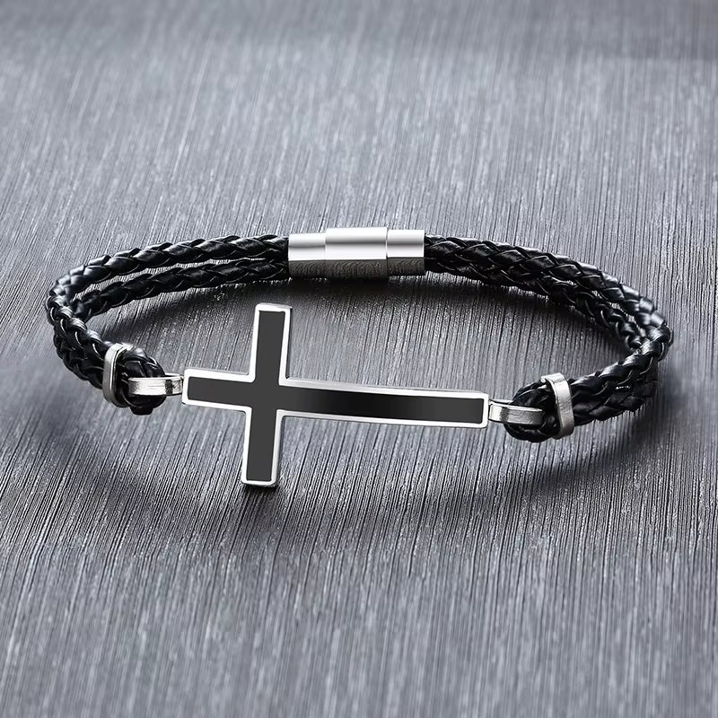 Sideways cross bracelet on braided leather cord – view 3