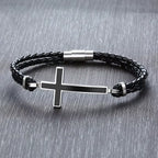 Sideways cross bracelet on braided leather cord – view 3