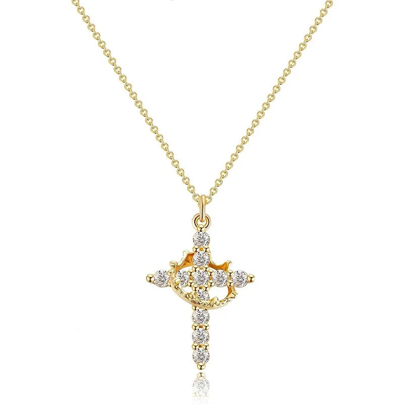 Crown cross necklace in gold with cubic zirconia | Lunavrie
