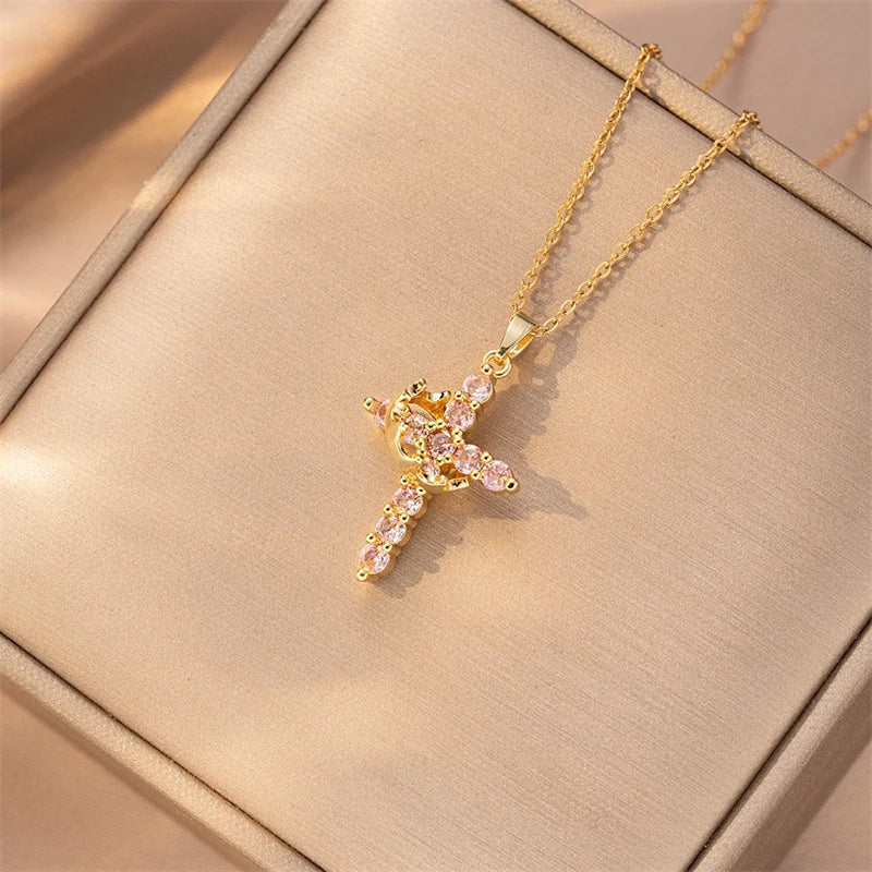 Gold crown cross necklace in a gift box