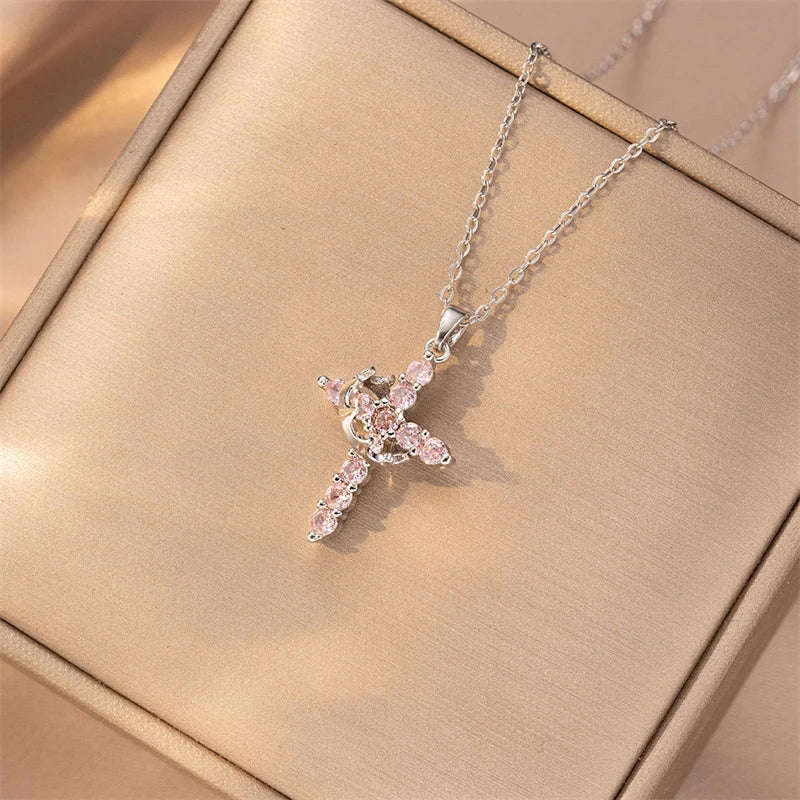 Silver crown cross necklace in a gift box