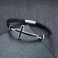 Sideways cross bracelet on braided leather cord | Christian jewelry by Lunavrie