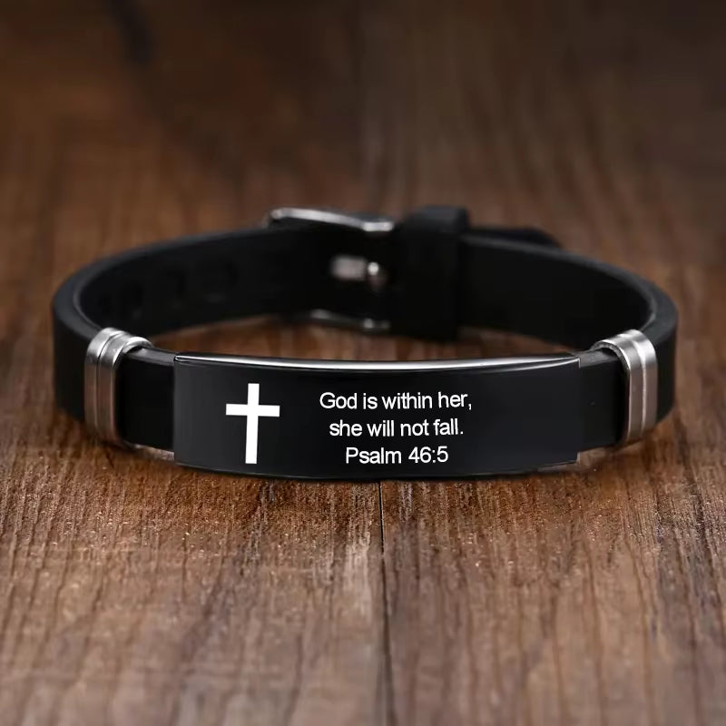 Black stainless steel cross Bible verse bracelet – view 9