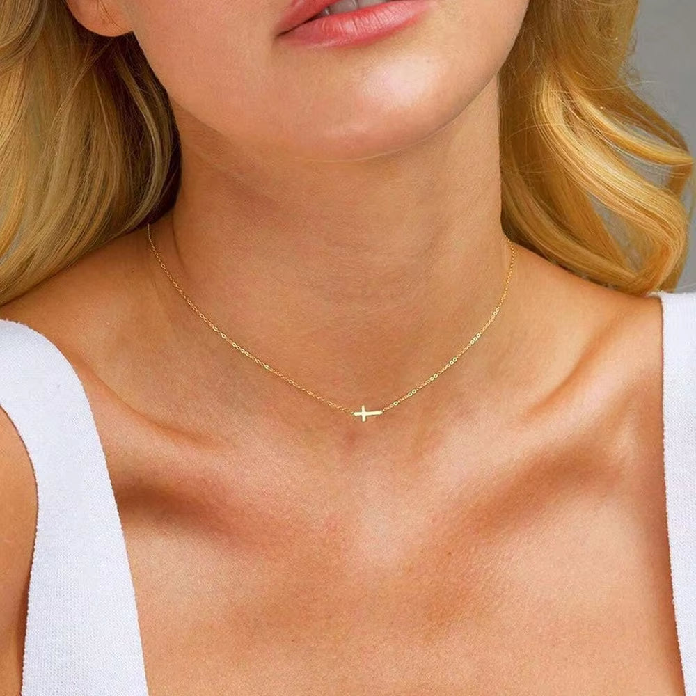 Dainty sideways cross necklace in gold or silver – view 3