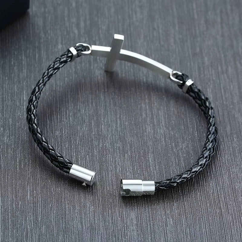 Sideways cross bracelet on braided leather cord – view 4