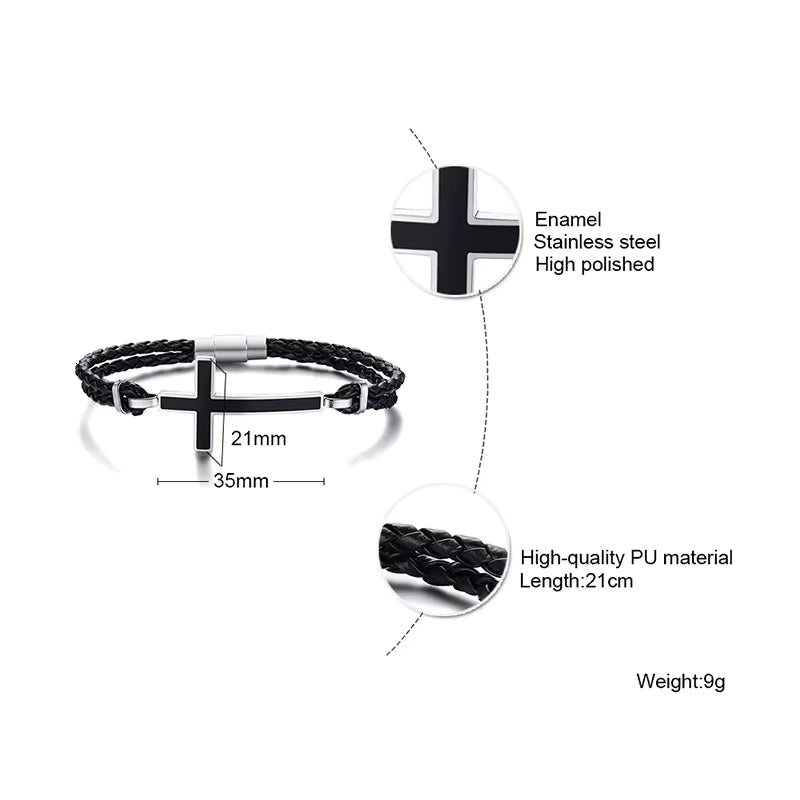 Sideways cross bracelet on braided leather cord – view 6