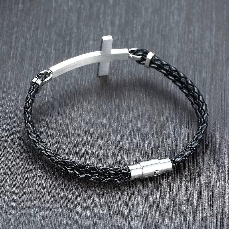 Sideways cross bracelet on braided leather cord – view 5