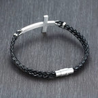 Sideways cross bracelet on braided leather cord – view 5