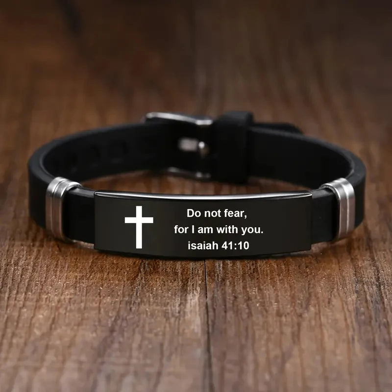 Black stainless steel cross Bible verse bracelet – view 4